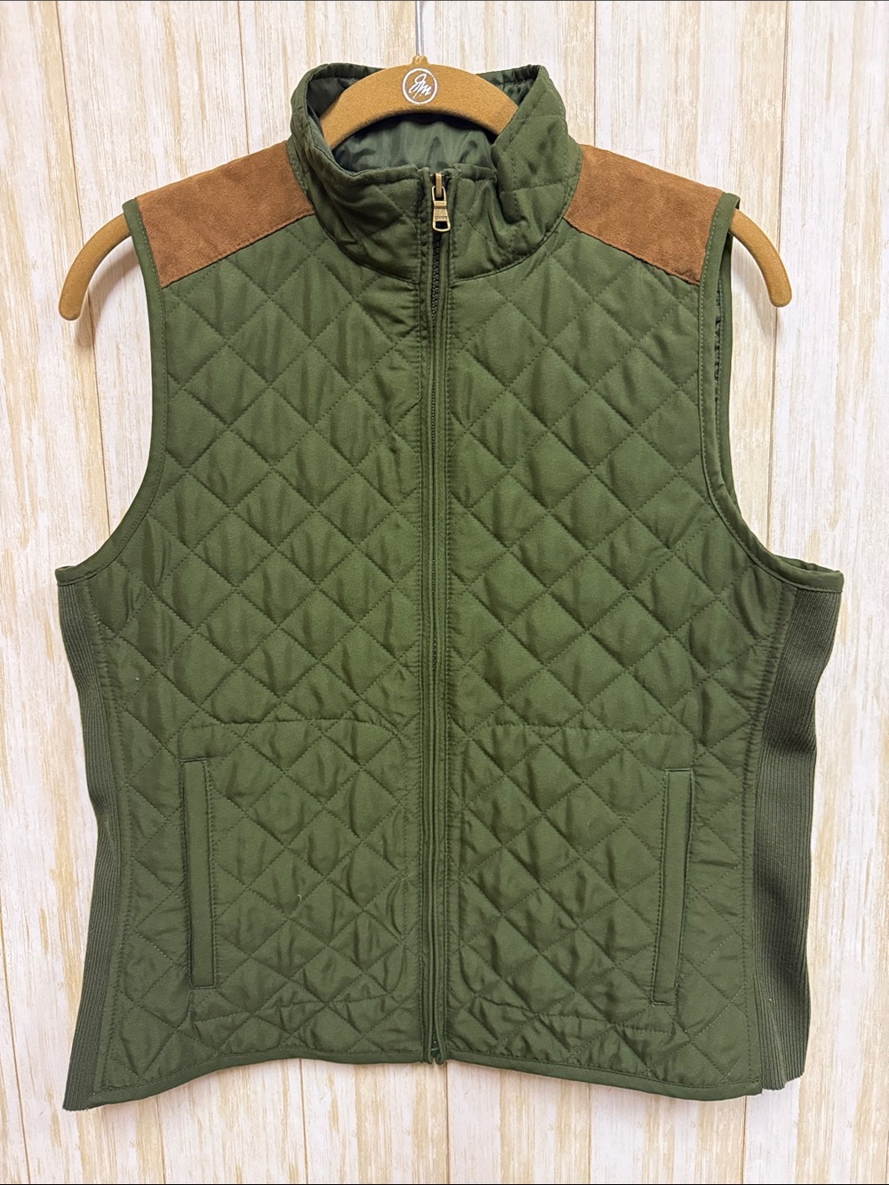 Chaps Quilted Olive Green Vest with Brown Suede Accents
